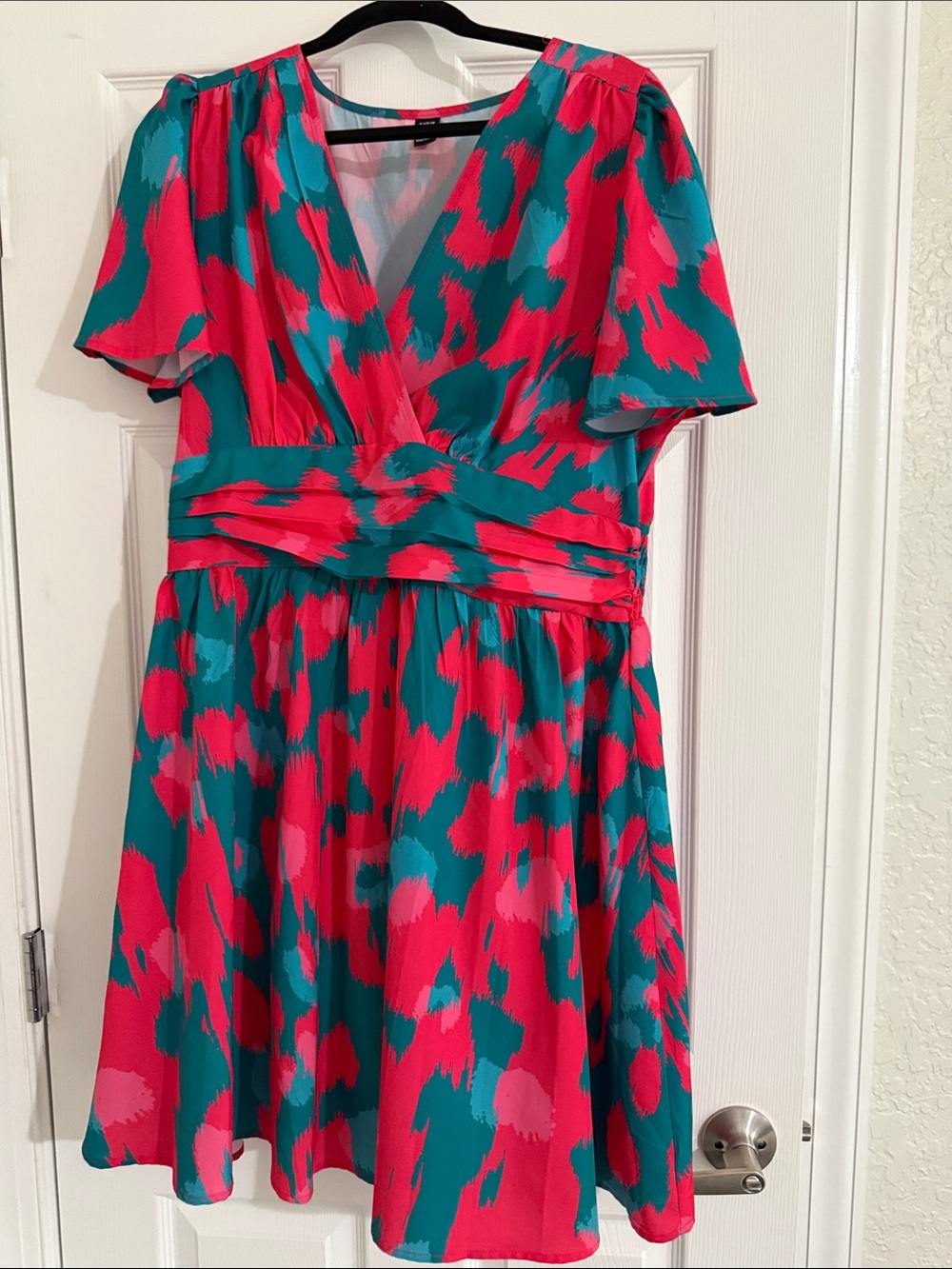 Teal and Hot Pink V-Neck Wrap Waist Dress